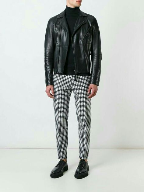 Mens Club Outfits, Houndstooth Pants Outfit, Lookbook Casual, Stylish Leather Jacket, Mens Fashion Work, Mens Turtleneck, Pants Outfit Men, Houndstooth Pants, Black Men Fashion Swag