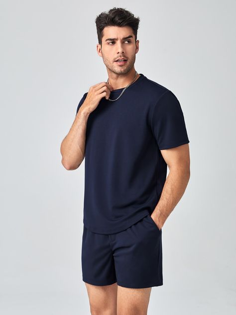 Navy Blue Casual Collar Short Sleeve  Plain  Embellished Slight Stretch Summer Men Co-ords Outfit Short Azul, Blue Shorts Outfit, Dress Man, Modern Mens Fashion, Mens Shorts Outfits, Look Short, Navy Blue Shorts, Sharp Dressed Man, Track Shorts