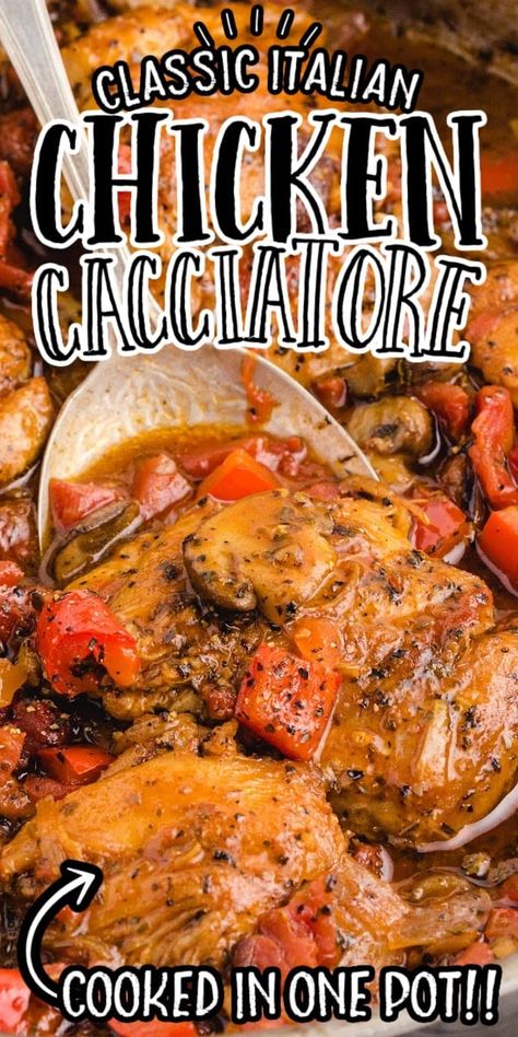 This chicken cacciatore is a classic, and is loaded with delicious vegetables. Juicy chicken is sauteed in a tasty white wine tomato sauce that is perfect served over pasta. Chicken Tomato Sauce, Italian Chicken Cacciatore, Crockpot Chicken Cacciatore, Chicken Thigh Recipe, Cacciatore Recipes, Chicken Cacciatore Recipe, Sheet Pan Dinners Chicken, Chicken Drumstick Recipes, Drumstick Recipes