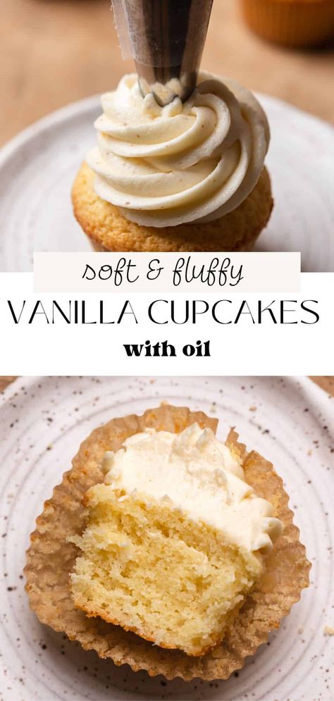 A classic vanilla cupcake is always a hit at any occasion, and these moist vanilla cupcakes with oil stay soft and fluffy for days because they're made with oil instead of butter. They're delicious with any kind of frosting and are super easy to make, coming together in minutes with pantry staple ingredients. One Bowl Vanilla Cupcakes, Best Frosting For Vanilla Cupcakes, Oil Cupcake Recipe, Vanilla Cupcakes With Buttermilk, Vanilla Buttermilk Cupcakes, Basic Vanilla Cupcake Recipe, Vanilla Baked Goods, The Best Vanilla Cupcakes, Vanilla Cupcakes No Butter