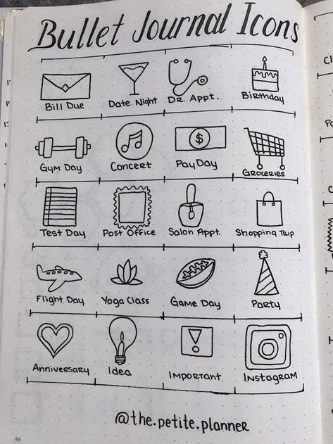 Planning Icons for Your Bullet Journal Bullet Journal Icons, Notesbog Design, Journal D'inspiration, Sketch Note, Bullet Journal 2019, Bullet Journal Mood, Bullet Journal Notebook, Dot Journals, Bullet Journal Writing