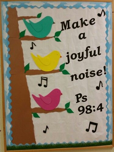 Church bulletin board! Make a joyful noise psalm 98:4 April Church Bulletin Board Ideas, March Church Bulletin Board Ideas, Christian Spring Bulletin Boards, Spring Church Bulletin Boards, Spring Bulletin Boards For Church, K4 Classroom, Catholic Bulletin Boards, Church Poster Ideas, Sunday School Classroom Decor