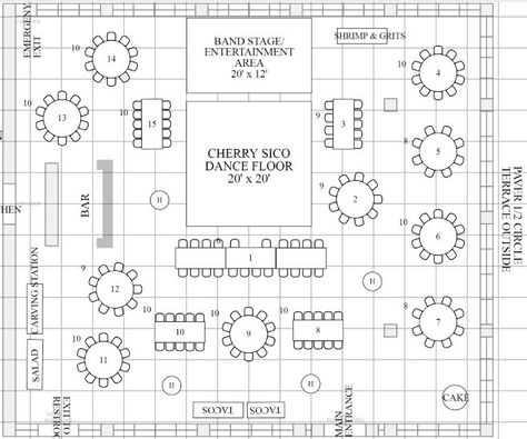 This reception had 145 guests with food stations and a live band.  There was a stage for the band and a wood dance floor.  This client rented 72" round tables and farm tables for guest seating. Wedding Reception Floor Plan, Wood Dance Floor, Wedding Reception Tables Layout, Wedding Reception Layout, Reception Layout, Event Layout, Head Table Wedding, Beautiful Tablescapes, Event Producer