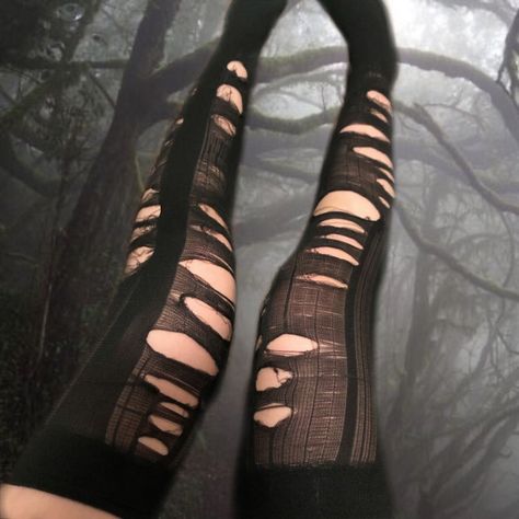 Black Thigh Highs, Ripped Tights, Goth Gifts, Thigh High Tights, Black Thigh High, Goth Girl, Grunge Look, Alt Fashion, Grunge Goth