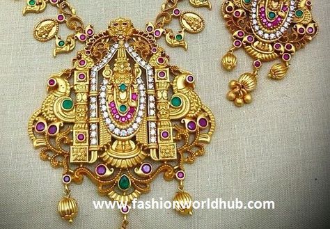 Beautiful one gram gold necklace with lord venkateswara swamy pendant adored with rubies,emeralds and white stones with matching ear rings.For inquiries :- Partum Fashions & Designs One Gram Gold Necklace, Fashions Designs, White Stone Jewelry, Venkateswara Swamy, Lord Venkateswara, Pendant Designs, White Stones, Ear Rings, Pendant Design