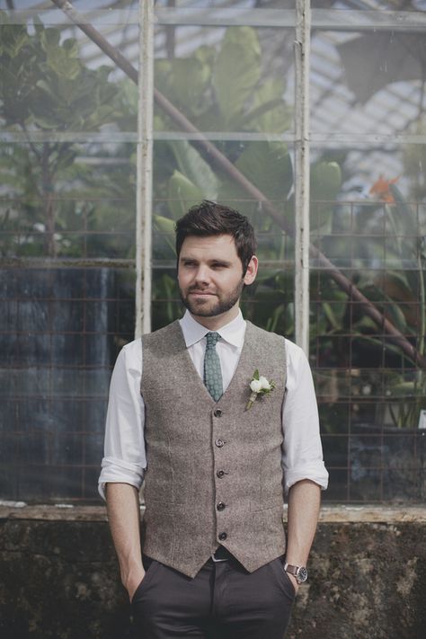 Casual Groom Attire Vest, Cottagecore Groom Outfit, Groom Waistcoat Wedding, Groom Vest And Tie, Groom Clothes, Tweed Groom, Groomsmen Vest, Fall Groom, Greenhouse Venue