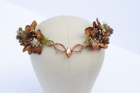 Cottagecore Elven Crown Elven Tiara Woodland Tiara Fairy - Etsy Woodland Cottagecore, Woodland Tiara, Elf Tiara, Cottagecore Fairy, Woodland Crown, Fantasy Crown, Fairy Crown, Brown Floral, Bridal Headpieces