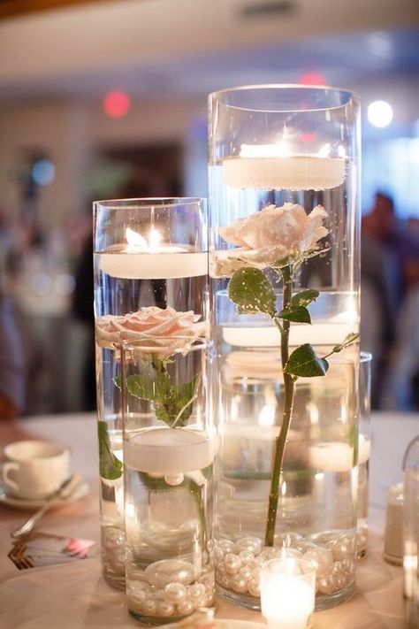 romantic diy floating roses and candles table centerpieces #wedding #weddings #weddingideas #rar Table Centerpieces For Rectangle Table, Vase Filler Centerpiece Ideas, Cheap Wedding Centre Piece Ideas, Dinner Centerpiece Ideas, Backyard Bridal Shower Tent Decor, Dried Flower Bud Vase Centerpiece Wedding, Wedding Table Centerpieces For Round Tables, Cheap Centre Pieces, Wedding Reception Ideas Indoor Simple