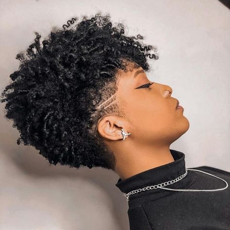 Short Haircuts For 4c Hair, Curly Hair Fade Women, Faded Sides Women Black, Short Curly Fade Women, Black Women Fade Haircut Natural Hair, Tapered Sides Long Top Black Women, Shaved Side Curly Hair, Curly Tapered Haircut Women, Tapered Mohawk Natural Hair Black Women