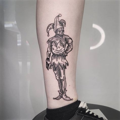 Jester Mask Tattoo, The Thinker Tattoo, Jester Tattoo Design, Jester Tattoo Traditional, Court Jester Tattoo, Medieval Jester Tattoo, Midevil Tattoo Design, Midevil Tattoos, Etching Tattoos