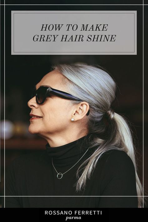 Silver Hair Ponytail, Grey Hair Solutions, Shiny Grey Hair, Shiny Gray Hair, Makeup With Grey Hair, How To Let Your Hair Go Gray Naturally, How To Get Silver Hair At Home, Gloss For Gray Hair, Silver Hair Bob