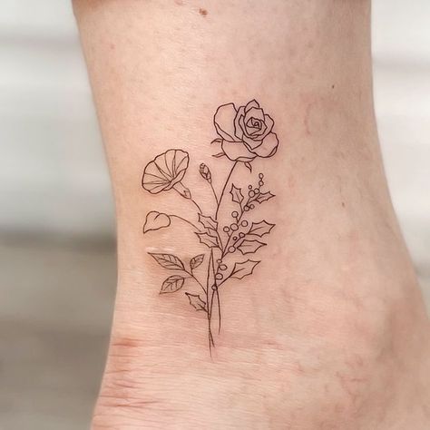 Rose And Morning Glory Flower Tattoo, Rose And Holly Tattoo, Poppy And Holly Flower Tattoo, Holly And Rose Tattoo, Morning Glory Ankle Tattoo, Morning Glory Flower Tattoo Small, Morning Glory And Poppy Tattoo, Rose And Poppy Tattoo Together, Rose And Morning Glory Tattoo