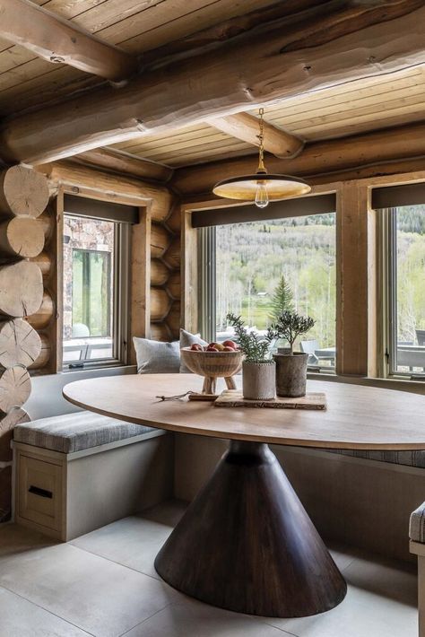 Fairytale Window, Log Cabin Interior Design, Nook Inspiration, Rustic Stone Fireplace, Utah Style, Cabin Interior Design, Log Cabin Interior, Kitchen Breakfast Nooks, Modern Mountain Home