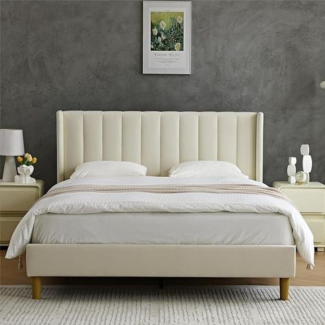 YUHUASHI Upholstered Platform Bed Frame/Queen Bed Frame/Modern Geometric Double-Wing Design Headboard/Flannel and Linen Fabric/Easy to Assemble No Noise (Cream, Queen (U.S. Standard)) : Amazon.ca: Home Cream Headboard, Fabric Covered Headboard, Bed Frame Modern, Bed Base Frame, Bed Frame Queen, Winged Headboard, Fabric Bed Frame, Velvet Headboard, Queen Size Bed Frames