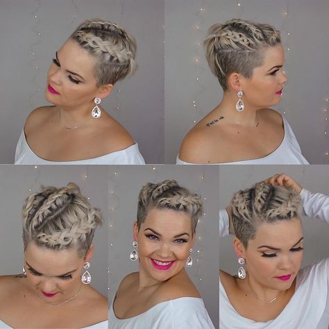 Shaved Hair Styles, Fohawk Haircut Fade, Braided Updo For Short Hair, Hair Styles To Try, Short Hair Tutorials, Shaved Hairstyles, Short Hair Back, Short White Hair, Short Shaved Hairstyles