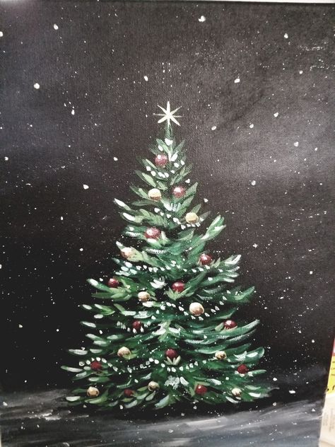 Acrylic Christmas Card Painting, Christmas Tree Art Painting, Christmas Theme Painting, Christmas Diy Painting Canvas, Christmas Paint And Sip Ideas, Christmas Easy Paintings, How To Draw A Christmas Tree, Christmas Painting Ideas On Canvas Easy, Easy Christmas Tree Painting