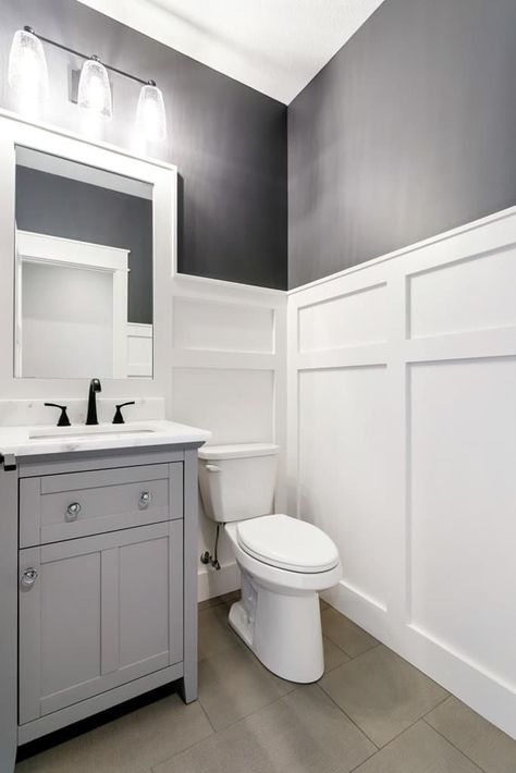 Wall Boards Panels Ideas For Bathroom, Judges Paneling Bathroom, Wayne’s Coating In Bathroom, Small Bathroom Wainscoting Ideas Modern, Wayne Scotting Walls Bathroom, High Wainscoting Bathroom, Bead And Batten Wall Bathroom, Modern Wainscoting Bathroom, Waynes Coating Bathroom Ideas