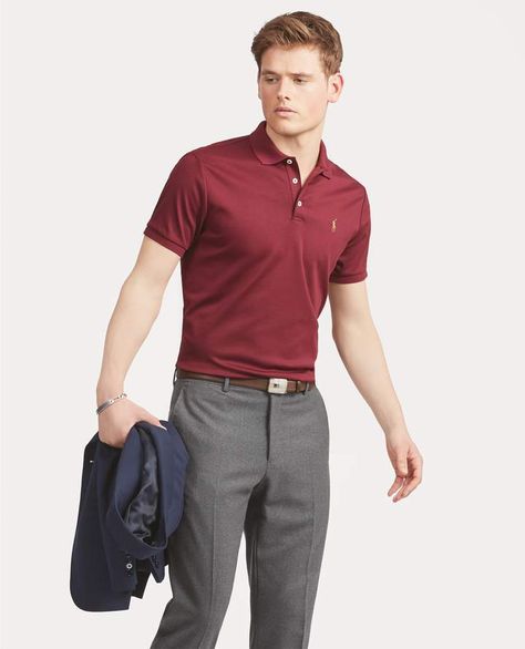 Ralph Lauren Classic Fit Interlock Polo Men Wearing Polo Shirt, Button Down Polo Outfit Men, Red Polo, Red Polo Shirt Outfit Men, Polo Tshirt Men Outfit, Mens Polo Shirt Outfit, Polo Outfit Men, Red Polo Shirt, Polo Shirt Outfits