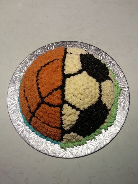 Soccer Basketball Cake Basketball And Soccer Cake, Boys Bday Cakes, Basketball Cakes, Pac Man Cake, Basketball Birthday Cake, Cake 2023, Soccer Birthday Cakes, Puppy Cupcakes, Cookie Cake Decorations