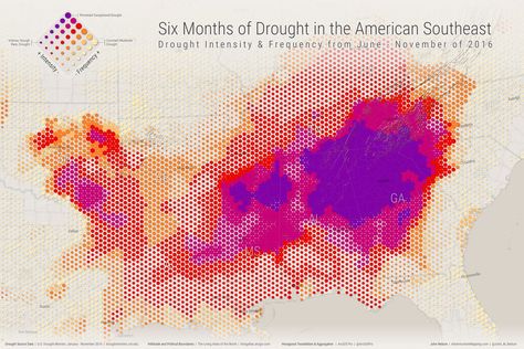 Six months of drought in the Amercan Southeast Heat Map Design, Project Mapping, Data Vizualisation, Map Diagram, Urban Analysis, Data Map, Data Visualization Design, Heat Map, Video Art