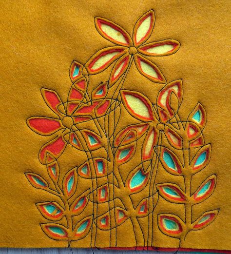 Raw edged felt reverse appliqué. | Image pinned as DIY inspiration for placemats and fabric trivets. Garden Doodles, Jane Lafazio, Sewing Cushions, Creative Textiles, Reverse Applique, Machine Embroidery Projects, Blanket Box, Sewing Appliques, Wool Applique