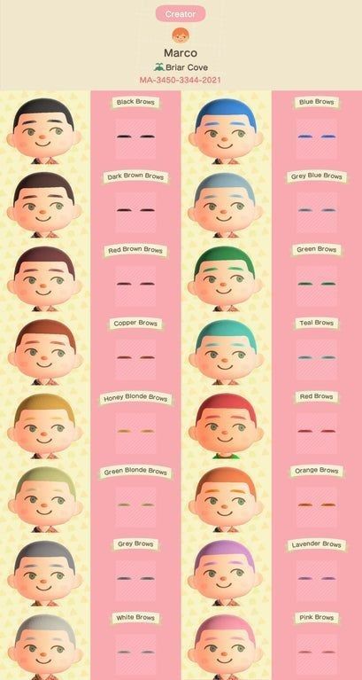 Animal Crossing Brows, Animal Crossing Hair, Colors Template, All Hair Colors, Acnh Outfits, Eyebrow Design, Acnh Clothes, Animal Crossing Memes, Animal Crossing Guide