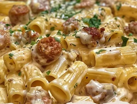 Garlic Sausage Rigatoni, Creamy Spicy Garlic Noodles With Sausage, Creamy Roasted Garlic Sausage Alfredo Rigatoni, Garlic Butter Sausage Pasta, Rigatoni Fiorentina Recipe, Malai Rigatoni, Garlic Sausage Alfredo Rigatoni, Italian Sausage Alfredo Pasta, Alfredo Sausage Pasta