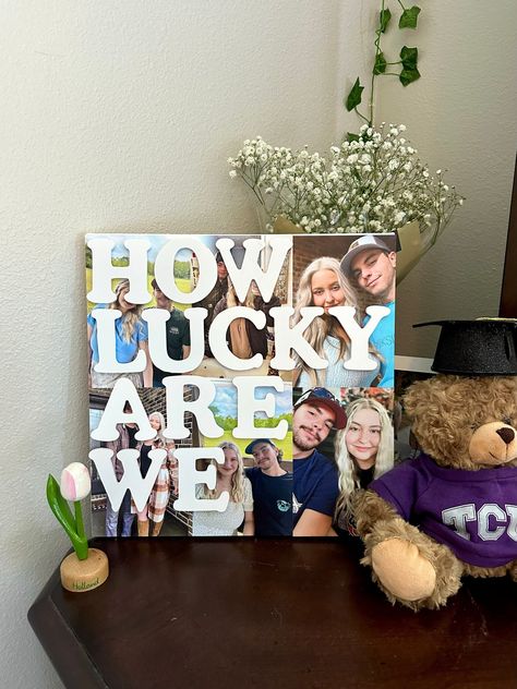 Capture the essence of cherished memories with our custom "How Lucky Are We" canvas, inspired by the heartfelt lyrics of Zach Bryan's "28." This personalized canvas allows you to upload your favorite photos, creating a unique collage that complements the touching quote. Ideal for room decor or as a meaningful gift for someone special, this canvas brings a personal touch to any space. Perfect for birthdays, anniversaries, or just because - celebrate life's moments with art that tells your story. Cute Crafts To Make With Your Boyfriend, Boy Anniversary Gifts, How Lucky Are We Photo Collage, Christmas Picture Gift Ideas, Decorated Picture Frames For Boyfriend, Anniversary Gifts Boyfriend, Indie Boyfriend Gifts, How Lucky Are We Canvas, Homemade Birthday Gift For Mom