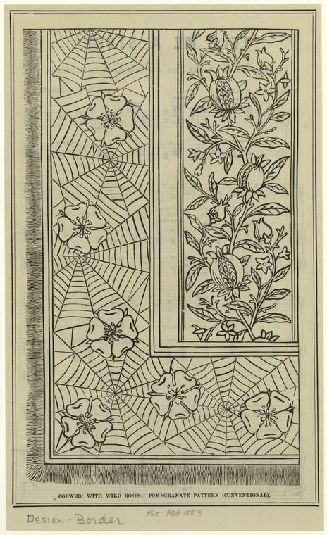 Cobweb, with wild roses ; Pomogranate pattern (conventional) - NYPL Digital Collections Scrollwork Pattern, Pomegranate Pattern, Border Patterns, Pomegranate Design, Ornament Drawing, Art Nouveau Illustration, Spider Webs, Desenho Tattoo, Needlework Patterns