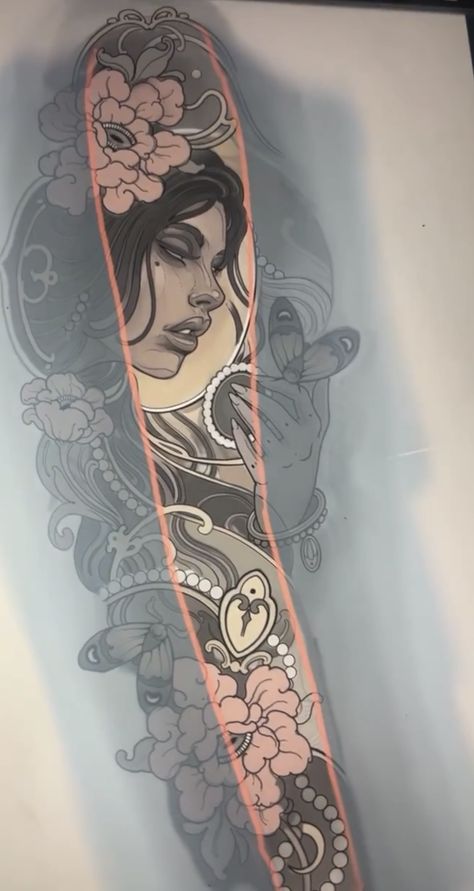 Neotraditional Arm Tattoo, Neo Trad Sleeve, Neoclassical Tattoo, Neotraditional Sleeve, Neo Traditional Sleeve, Art Nouveau Tattoo Design, Neo Traditional Art, Girl Thigh Tattoos, Art Nouveau Tattoo