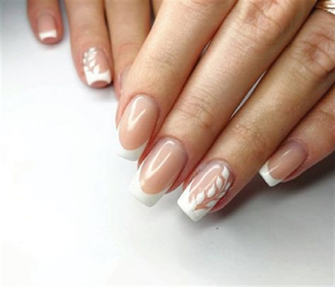 Wedding Nails Are Ringing: See Nail Techs' Bridal Nails - Style - NAILS Magazine Nail Art White Flowers, Bridal Nails Leaves, 2023 Bride Nails, Wedding Nails Rustic, Short Coffin Wedding Nails, Wedding Guest Nails Square, Wedding Nails For Bride Classy Bridal French, Leaf Wedding Nails, Gel Wedding Nails Brides