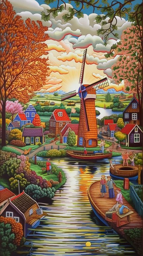 tulip Fields in Holland, windmill, art design, gemaakt van midjourney Dutch Wallpaper, Holland Painting, Holland Landscape, Dutch Landscape, Holland Art, Dutch Art, Design Posters, Working Mom, Reflexology