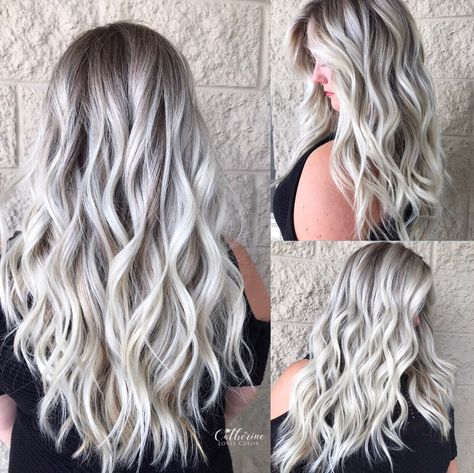 Platinum Blonde With Ash Roots, Dimensional Silver Blonde, Hair Color Platinum Blonde, Balayage White Hair, Platinum Blonde Hair With Lowlights And Shadow Root, Grey Boliage Hair Long, Long Hair Platinum Blonde, Catherine Loves Color, Rooted White Blonde Hair