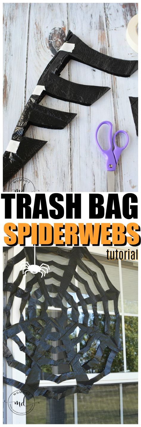 How to make trash bag spider webs | Halloween Decor Tutorial | black trashbag spiderweb DIY step by step Trashbag Spiderweb Tutorial, Spiderweb Diy, Trash Bag Spider, Hallowine Party, Spider Web Diy, Office Halloween, Craft Halloween, Spider Costume, Diy Step