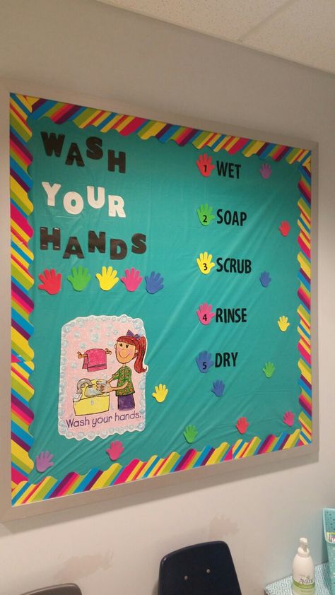 Hand washing bulletin board. School Nurse Bulletin Board Ideas, Notice Board Decoration, Counseling Bulletin Boards, Nurse Bulletin Board, School Nurse Office Decorations, Nurse Office Decor, Teaching Board, School Nurse Office, Nurses Office