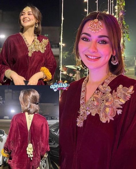 Velvet Pakistani Dress, Haniya Amir, Hania Amir, Kaftan Designs, Lace Dress Design, Velvet Dress Designs, Celebrity Fashion Looks, Dress Book, Pakistani Wedding Outfits