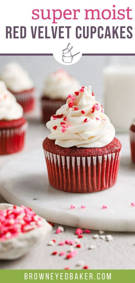 These red velvet cupcakes are a gorgeous red color, moist and fluffy, have the most amazing flavor, and are topped with a luscious cream cheese frosting. An easy recipe that is great year-round! Scratch Desserts, Velvet Desserts, Red Velvet Cupcakes Recipe, Cupcake Recipes From Scratch, Valentine Dessert, Red Velvet Desserts, Brown Eyed Baker, Valentines Day Recipes, Red Velvet Recipes