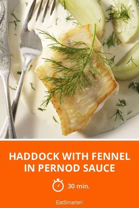 Haddock with Fennel in Pernod Sauce - mittel - A recipe idea by EAT SMARTER | Fish, Sprout, Herb #saltwaterfish #recipes Sauce For Haddock, Fish With White Wine Sauce, Pernod Sauce, Salmon Fennel Recipe, Fish With Fennel Recipes, Scallops Fennel, Wine Sauce, Pastry Flour, Eat Smart