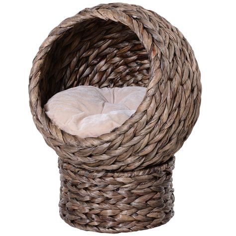 Pawhut Handwoven Elevated Cat Bed with Soft Cushion & Cat Egg Chair Shape, Cat Basket Bed Kitty House with Stand, Raised Wicker Cat Bed for Indoor Cats, 23.5" H, Gray Elevated Cat Bed, Wicker Cat Bed, Cat Egg, Niche Chat, Cat Basket, Cute Egg, Bed Chair, Cat Cave, Cat Condo