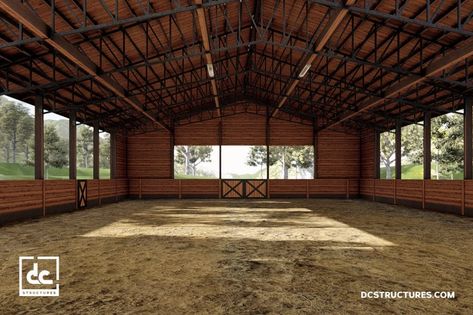 Indoor Riding Arenas, Small Indoor Riding Arena, Covered Arena Ideas, Indoor Arena Horse, Covered Horse Arena, Dc Structures, Covered Riding Arena, Covered Arena, Indoor Riding Arena