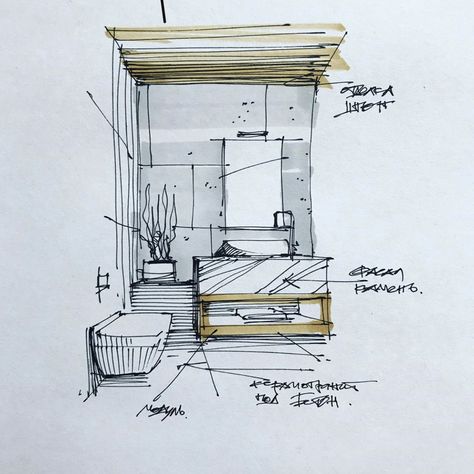 Interior Design Process Sketches, Concept Sketches Interior Design, Interior Illustration Sketches, Interior Design Sketches Perspective, Toilet Sketch, Interior Design Sketching, Drawing Room Concept, Interior Sketching, Interior Architecture Sketch