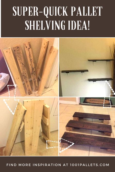 Impossibly Easy Rustic Pallet Shelving adds storage! Cut one pallet apart, upcycle old angle brackets, sand & stain and install in any room! #diypalletideas #1001pallets #awesomepalletideas via @1001Pallets Pallet In Garden, Outdoor Pallet Ideas, Pallet Projects Outdoor, Pallet Coat Rack, Old Pallet Ideas, Pallet Shelving, Pallet Bars, Wood Working Table, Wood Pallets Projects