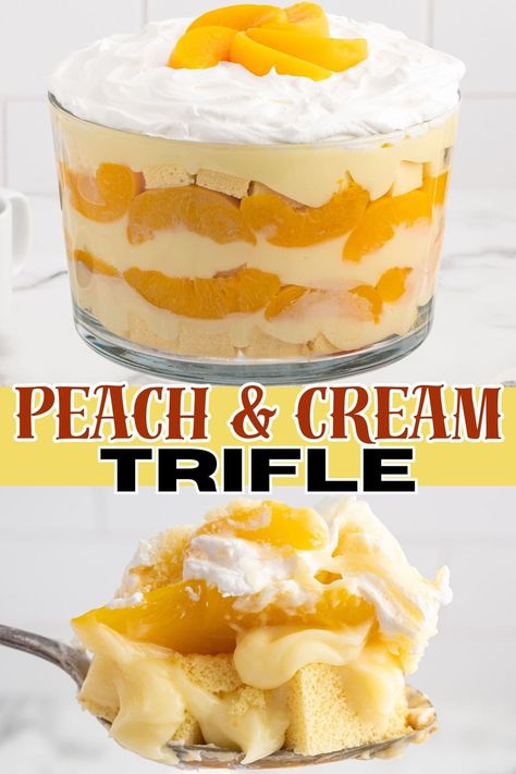 Peaches & Cream Trifle Peach Angel Food Cake Dessert, Angel Food Trifle, Peach Trifle, Peaches And Cream Dessert, Trifle Bowl Recipes, Trifle Dessert Recipes, Recipes By Ingredients, Peach Dessert, Viral Recipes