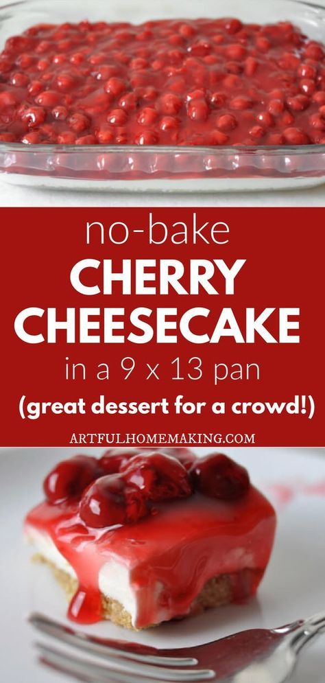 This no-bake cherry cheesecake dessert (often called cherry delight) is a great easy recipe for a crowd. It makes a 9 x 13 inch pan full of cheesecake! Cherry Cheesecake Dessert No Bake, Easiest No Bake Cherry Cheesecake, Easy Desserts With Cherry Pie Filling, Cherry Cheesecake Poke Cake, Cherry Delight Dessert 9x13, Sheet Desserts For A Crowd, Cheesecake Recipes Cherry, Easy Cherry Delight Dessert, Cherry Lush Dessert Recipe