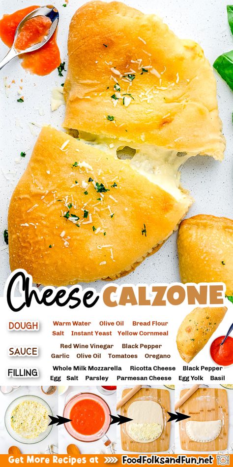 This homemade Cheese Calzone recipe makes six large calzones. They’re filled with ricotta, mozzarella, Parmesan, and fresh herbs. They have the most delicious homemade dipping sauce, too! Home Made Calzone Recipe, Calzone Filling Ideas Ricotta, Calzone Recipe With Ricotta Cheese, Calzone Recipe Ricotta, Calzone Filling Ideas, Calzone Cheese, Cheese Calzone Recipe, Ricotta Calzone, Homemade Calzone Recipe