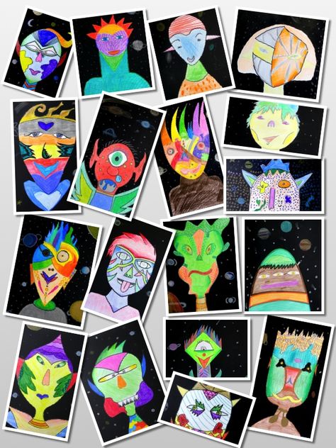 aliens1 Alien Painting, Space Art Projects, Alien Crafts, Outer Space Art, Kindergarten Art Lessons, Alien Artwork, Alien Drawings, Literary Genre, 4th Grade Art