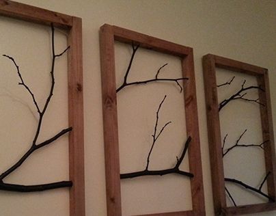 Home made decor. A branch that has been placed in three frames. Branch Frame Diy, White Birch Branches Decorating Ideas, Framed Branches, Wine Barrel Crafts, Tree Branch Wall Art, Tree Branch Wall Decor, Tree Stem, Tree Branch Decor, Rama Seca