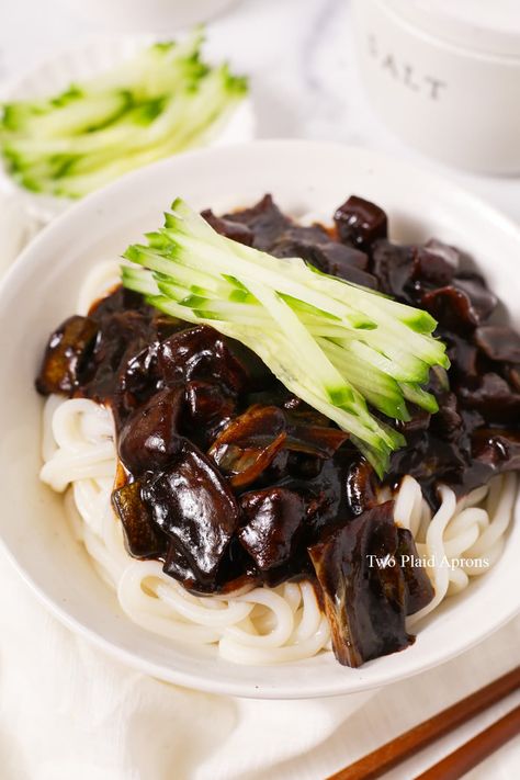 Jajangmyeon (Korean Black Bean Noodles) | Two Plaid Aprons Korean Noodle Dishes, Black Bean Noodles, Cucumber Kimchi, Bean Noodles, Bean Sauce, Fusion Dishes, Noodles Recipes, Lunch Dinner Ideas, Black Bean Sauce