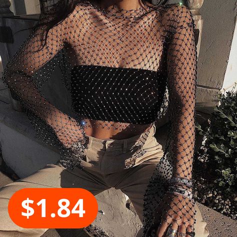 Fishnet Hot Drill Blouse Short Cutout Top Fishnet Crop Tops, Fishnet Top, Rhinestone Top, Club Tops, Fishing Women, Crystal Diamond, Summer Crop Tops, Cropped Tops, Mesh Long Sleeve