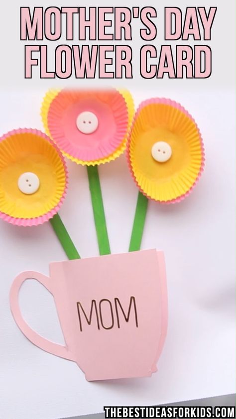 Mother's Day Flower Card - using cupcake liners to make the flowers! Head to the post to get the coffee cup template to use. Such a sweet and easy handmade Mother's day card! #bestideasforkids Easy Mother's Day Crafts, Tulips Card, Mother's Day Crafts, Moms Crafts, Handprint Craft, Mothers Day Crafts For Kids, Flower Card, Mother's Day Diy, Cupcake Liners